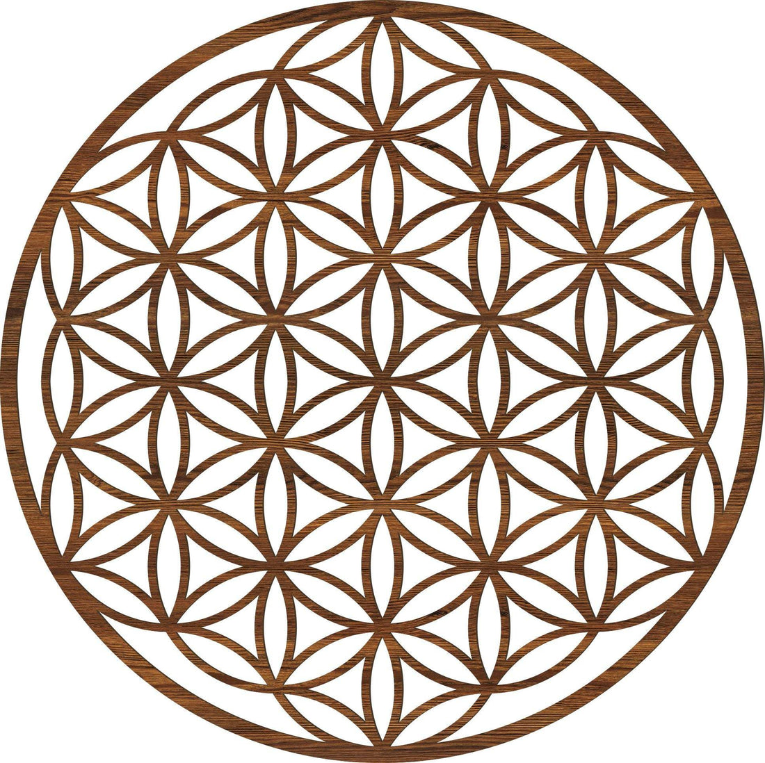 Blume des Lebens Holz-Wandbild in Ulmen-Optik im Wohnraum – Symbolvergleich Blume des Lebens, Baum des Lebens und Lotus