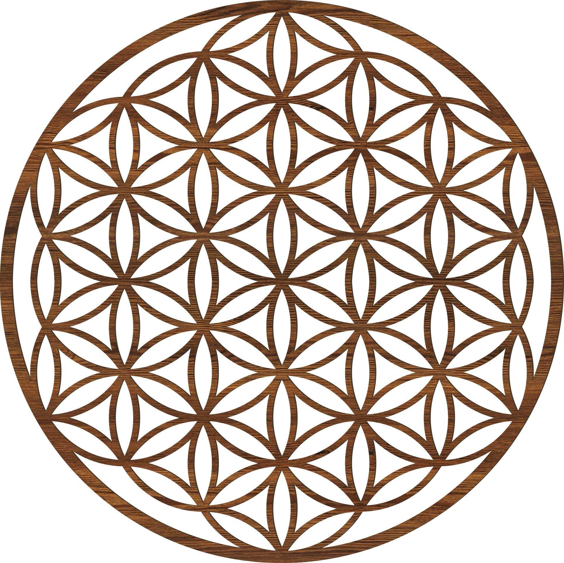 Blume des Lebens Holz-Wandbild in Ulmen-Optik im Wohnraum – Symbolvergleich Blume des Lebens, Baum des Lebens und Lotus
