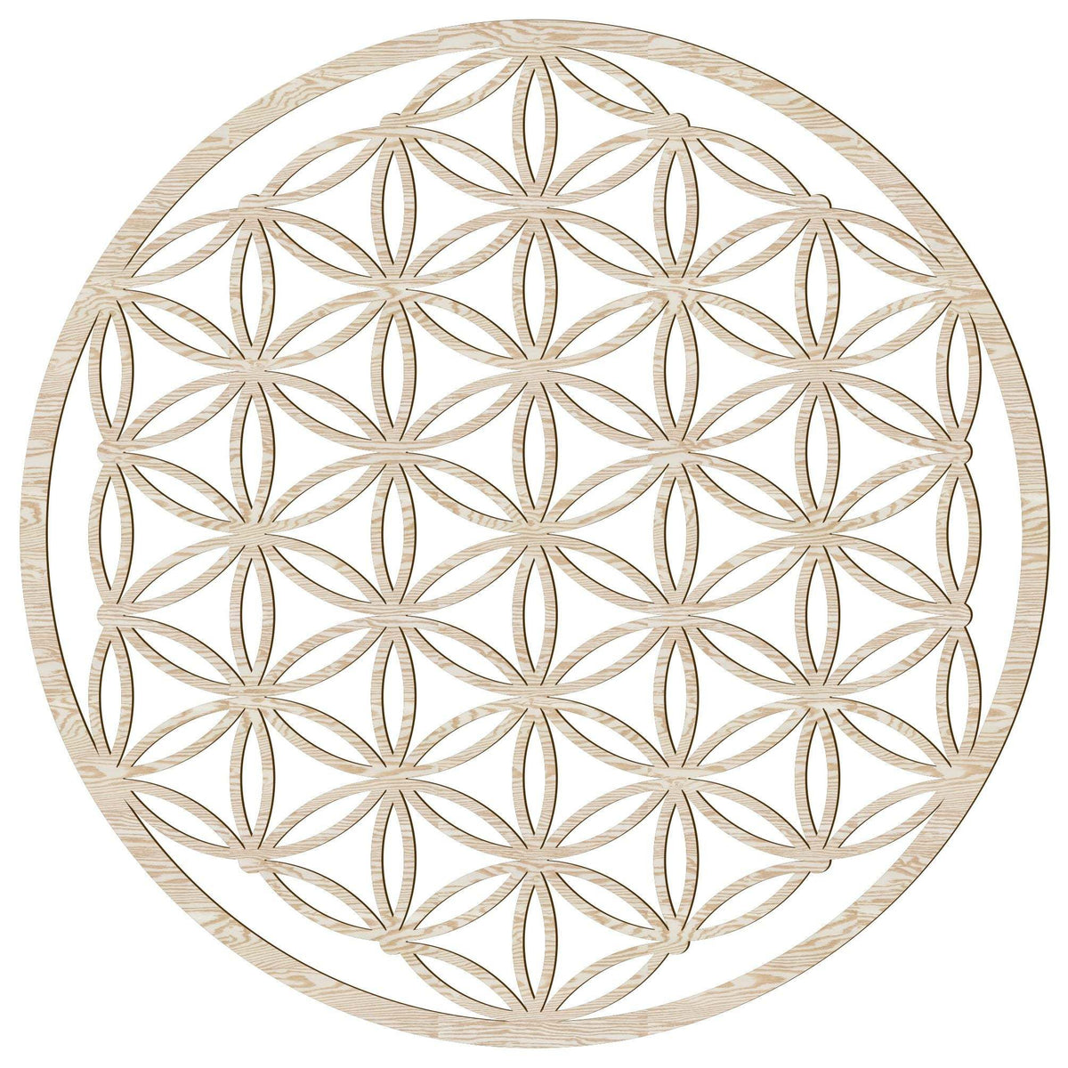 Blume des Lebens Holz Wandbild mit Außenring in Esche-Optik – luftiges Kreismuster in geschlossener Form