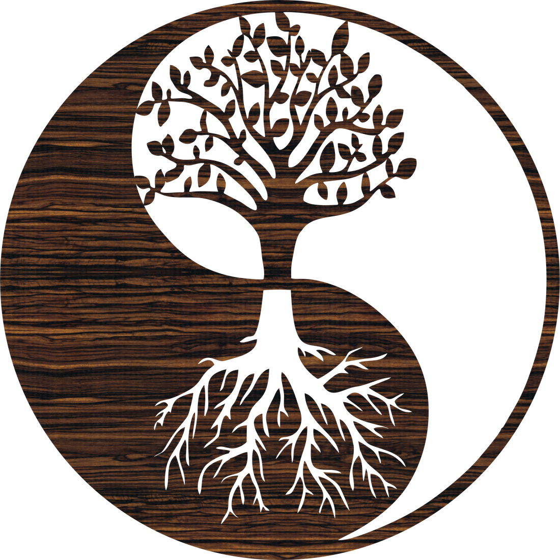 Yin-Yang-Symbol kombiniert mit dem Baum des Lebens als handgefertigtes Holz-Wandbild