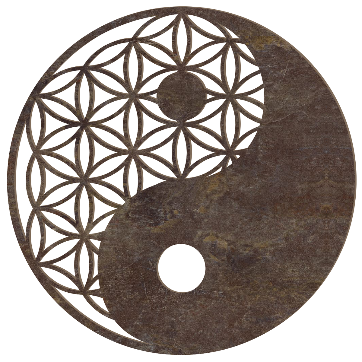 Blume des Lebens Yin Yang Holz Wandbild in Steinoptik, handgefertigt in Österreich