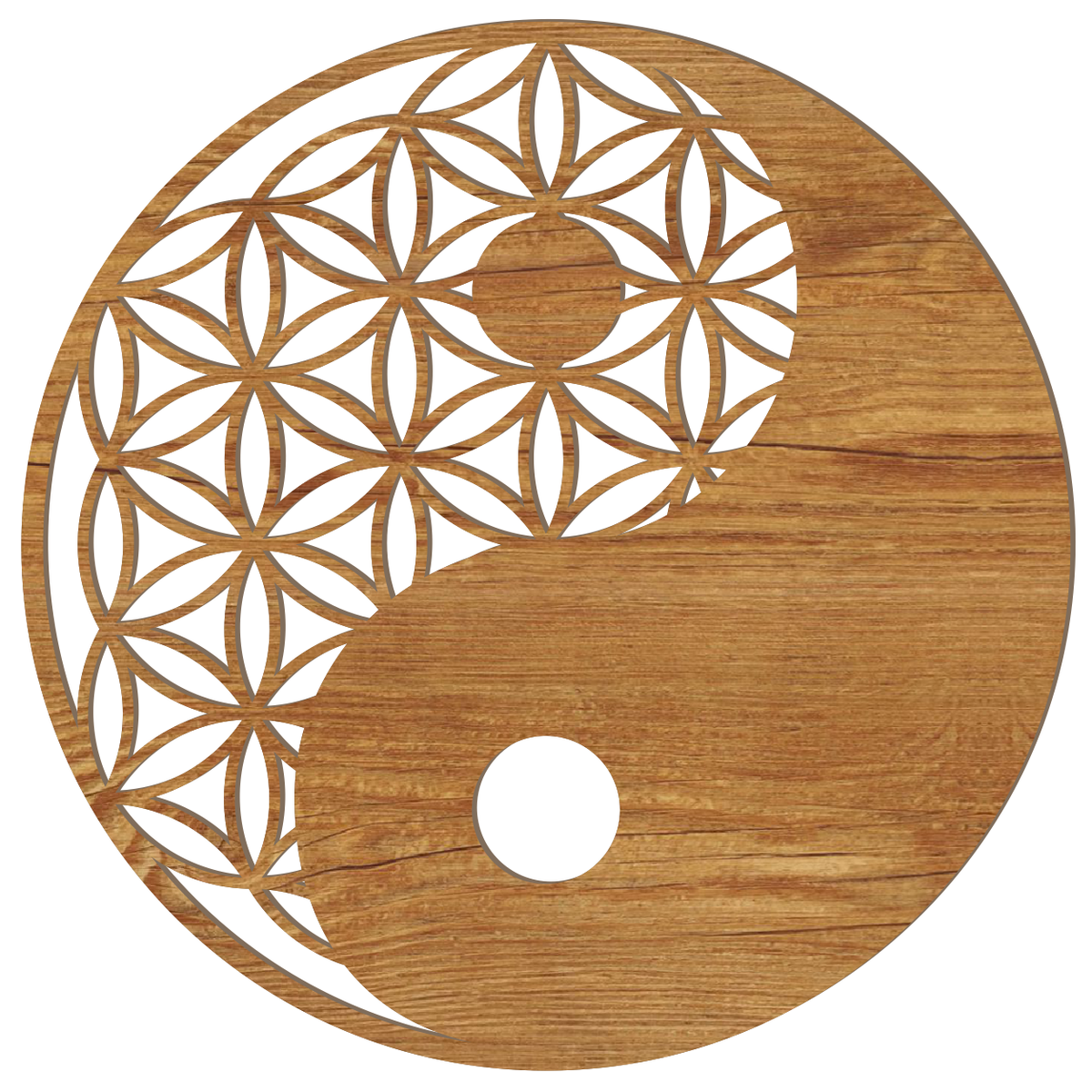 Blume des Lebens Yin Yang Holz Wandbild in Rustikal-Optik, handgefertigt in Österreich