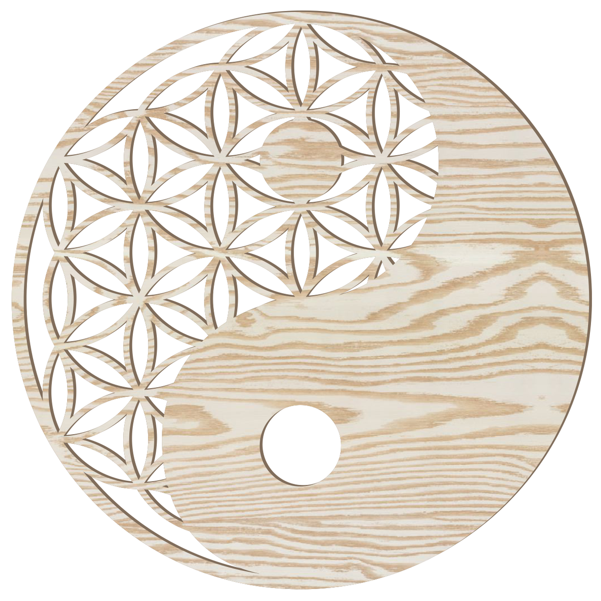 Blume des Lebens Yin Yang Holz Wandbild in Esche-Optik, handgefertigt in Österreich