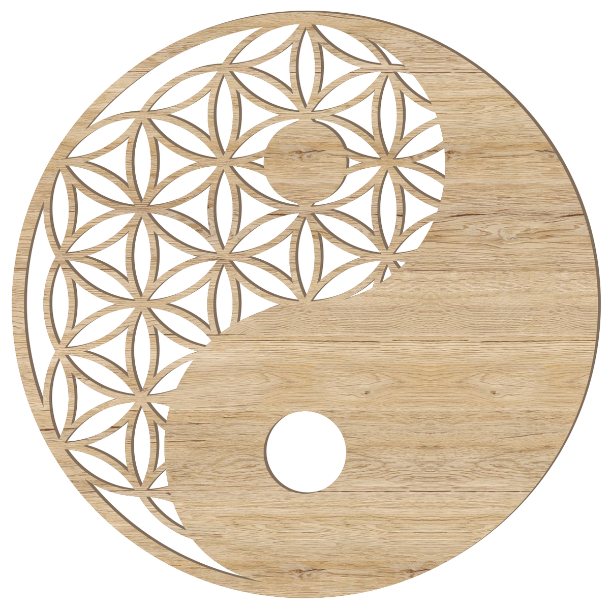 Blume des Lebens Yin Yang Holz Wandbild in Eichen-Optik, handgefertigt in Österreich