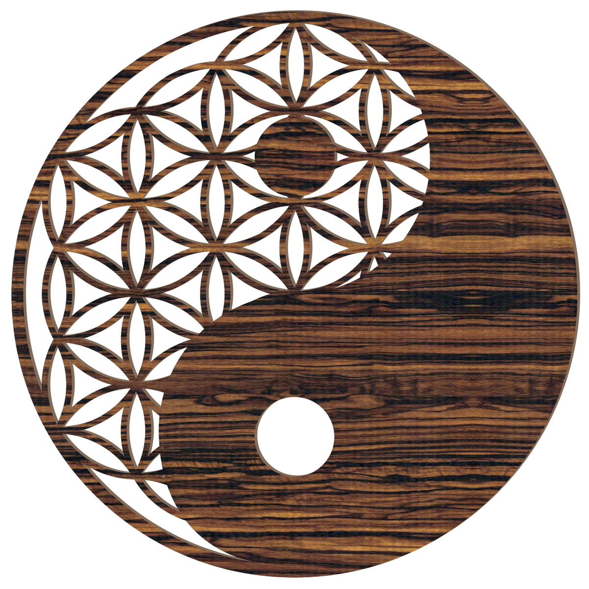 Blume des Lebens Yin Yang Holz Wandbild in Ebenholz-Optik, handgefertigt in Österreich