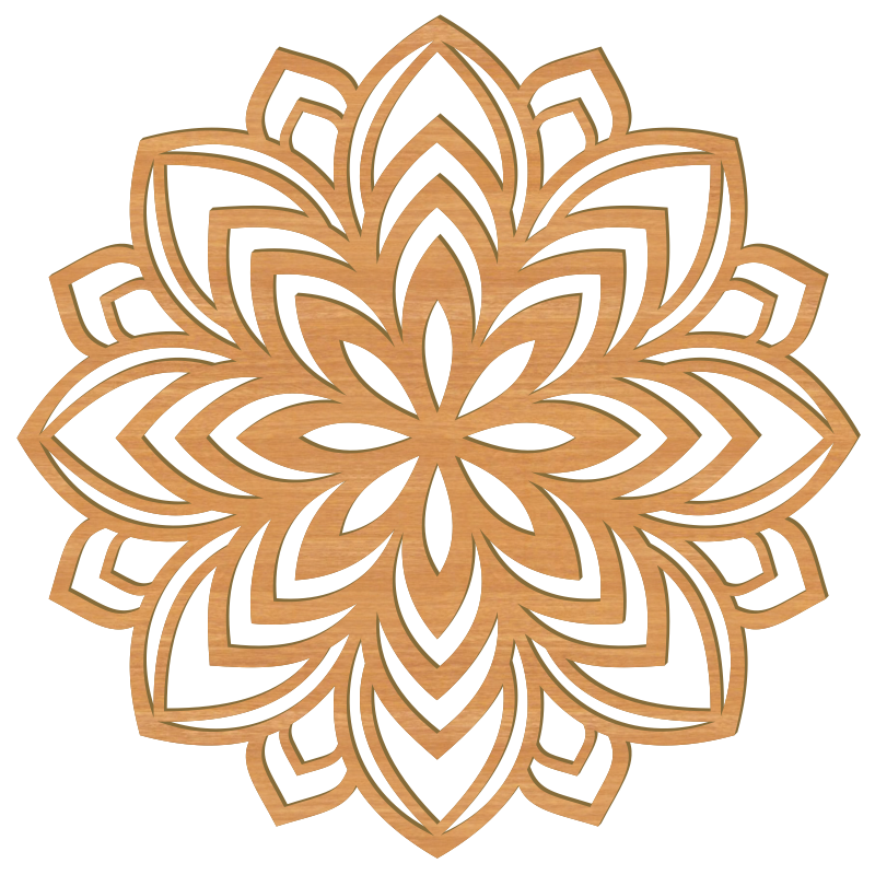 Lotus Mandala Holz Wandbild in Buche-Optik, handgefertigt in Österreich mit filigranem Mandala-Muster und 8 Holzoptiken
