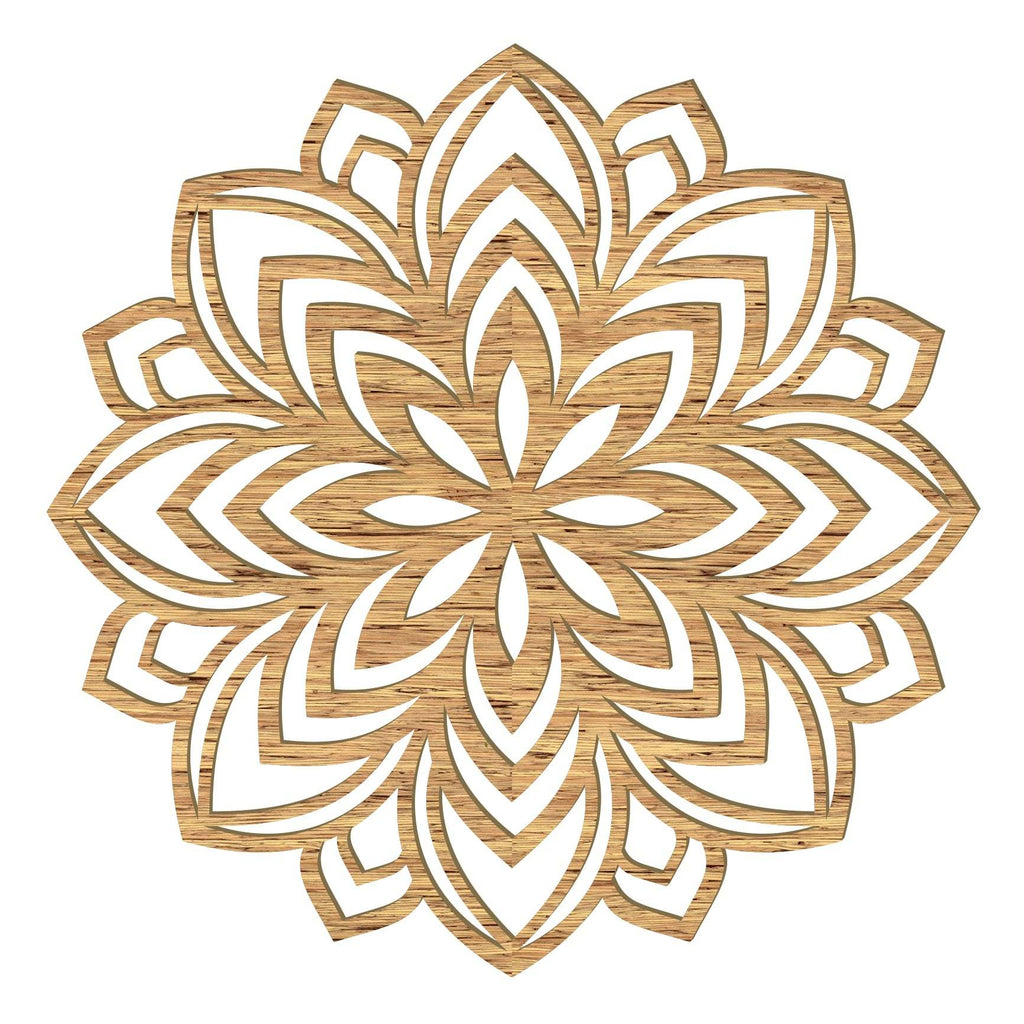 Lotus Mandala Holz Wandbild handgefertigt in Österreich aus 4mm Pappelholz mit filigraner, symmetrischer Lotusblüte in acht Holzoptiken