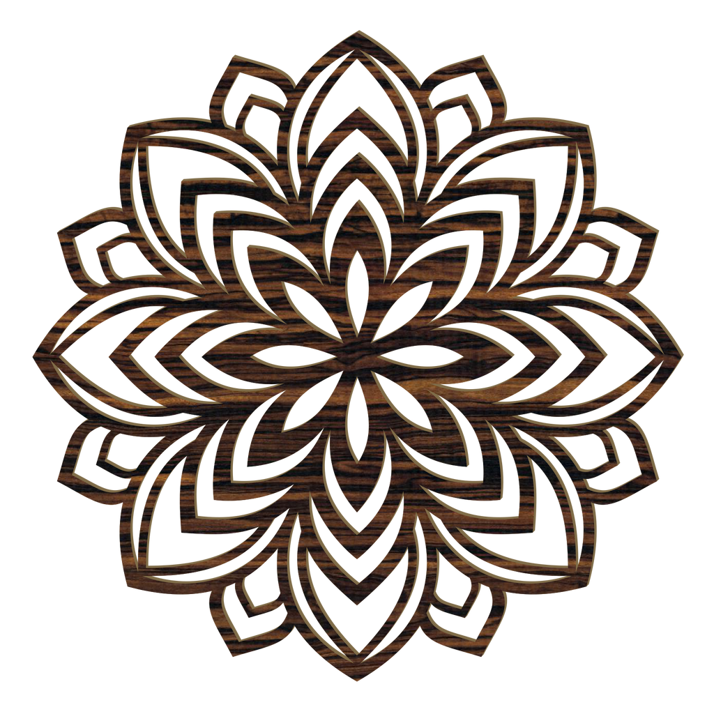 Handgefertigtes Lotus Mandala Holz Wandbild aus Pappelholz mit filigraner Lasergravur und acht Holzoptiken, gefertigt in Österreich