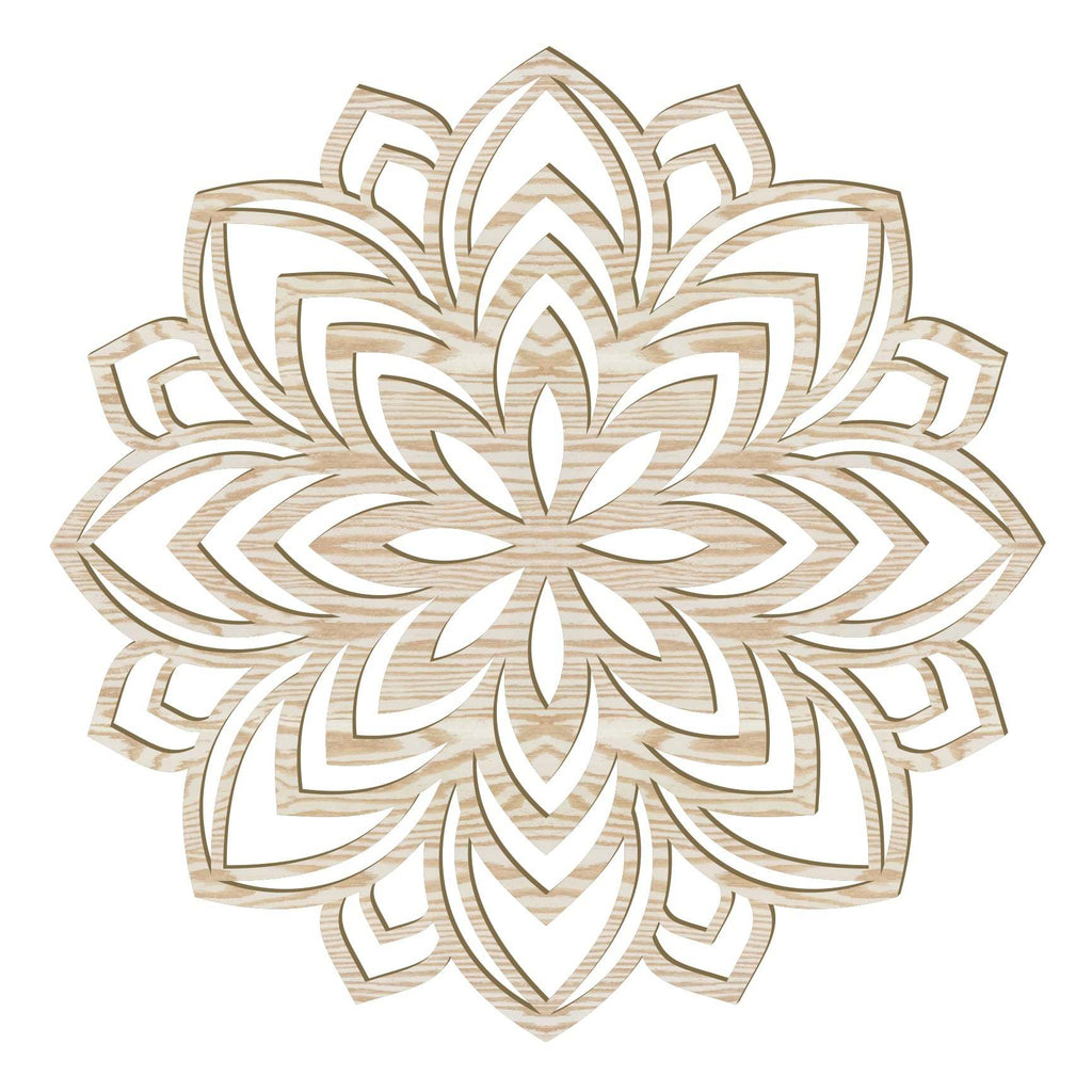 Lotus Mandala Holz Wandbild handgefertigt aus Pappelholz mit filigranem Mandala-Muster und Lotusblüte in acht Holzoptiken