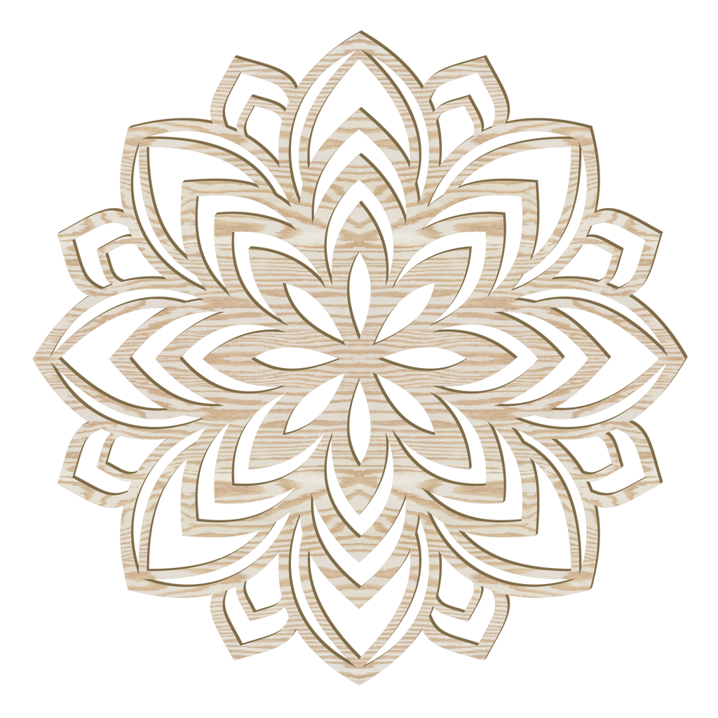 Lotus Mandala Holz Wandbild aus handgefertigtem Pappelholz mit filigranem Mandala-Muster in acht Holzoptiken, hergestellt in Österreich