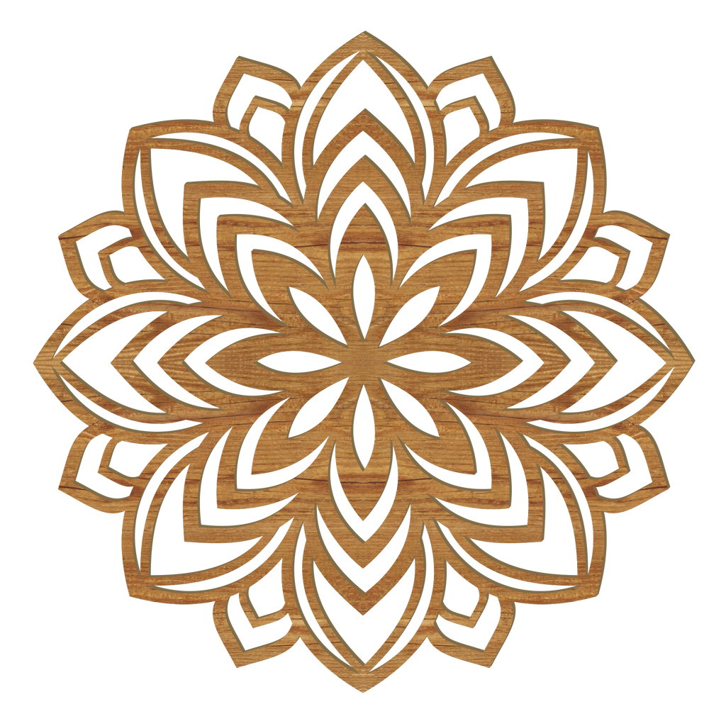 Handgefertigtes Lotus Mandala Holz Wandbild aus Pappelholz mit filigranem Mandala-Design in acht Holzoptiken, hergestellt in Österreich