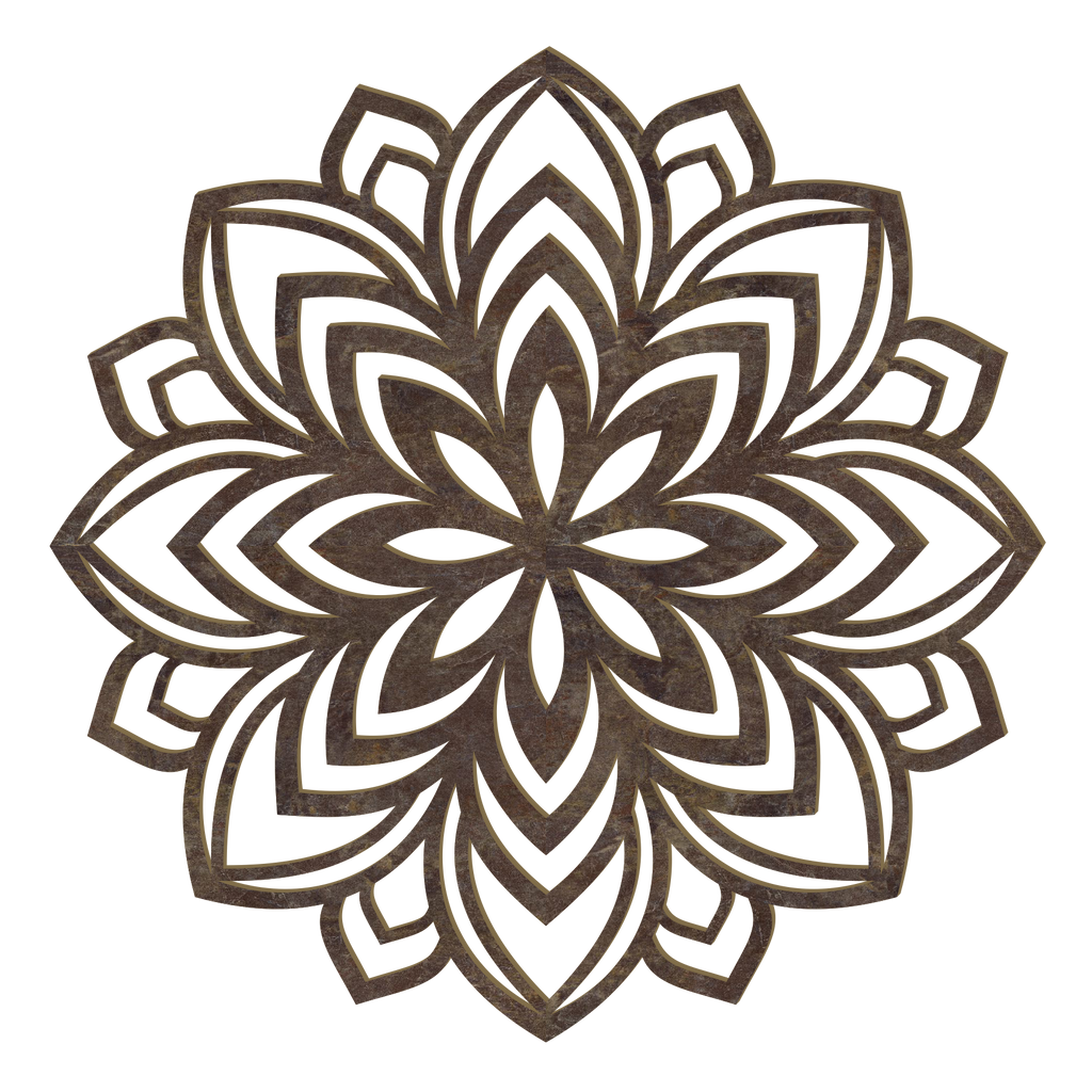 Handgefertigtes Lotus Mandala Holz Wandbild aus Pappelholz mit filigraner Lasergravur und acht Holzoptiken, gefertigt in Österreich