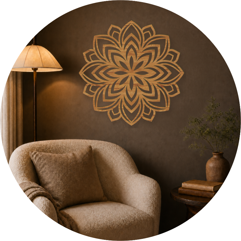 Lotus Mandala Holz Wandbild in Rustikaler-Optik über einem Sessel an der Wand, gemütliche Leseecke mit Stehlampe und Pflanze