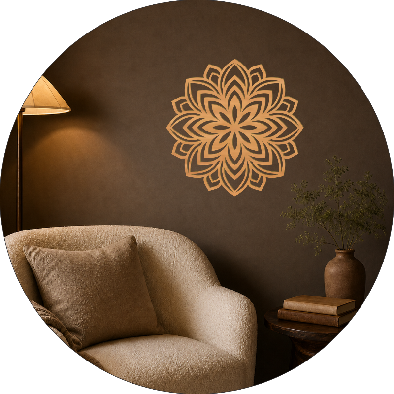 Lotus Mandala Holz Wandbild in Buche-Optik über einem Sessel an der Wand, gemütliche Leseecke mit Stehlampe und Pflanze