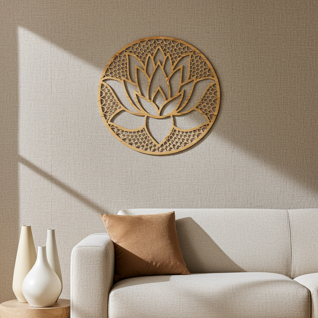 Handgefertigtes Lotusblume Holz Wandbild aus 4mm Pappelholz mit edler Oberfläche für Harmonie und Ruhe im Zuhause